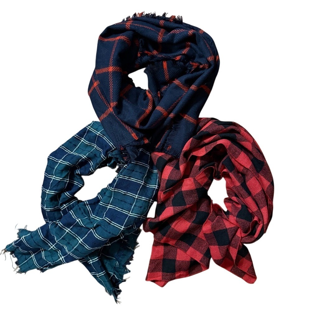 Bundle of 3 Plaid Scarves Navy Red Green Buffalo Check Frayed Edge Infinity Wrap